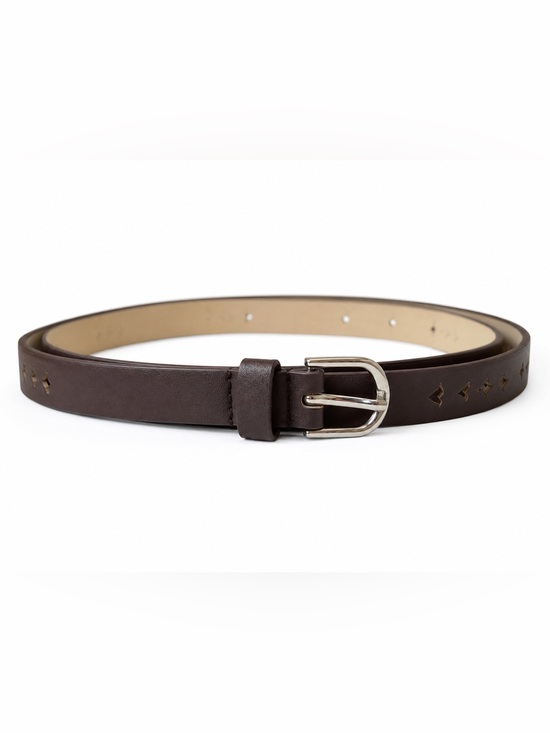 Accessories - Brown Skinny Belt womens S/M 37” Silver Buckle Cutout Accent Faux Leather Boho